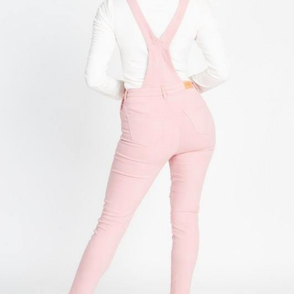 Dusty Rose Pink Distressed Denim Skinny Overalls - Picture 2 of 5